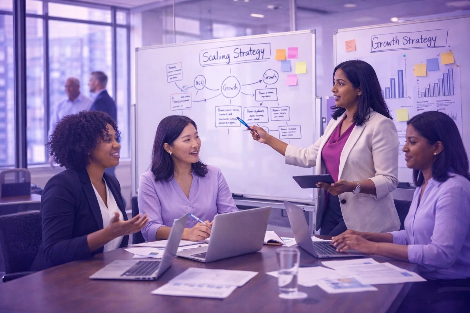 Women of color leadership team collaborating in a conference room on scaling strategy and organizational development, natural lighting with subtle purple tones