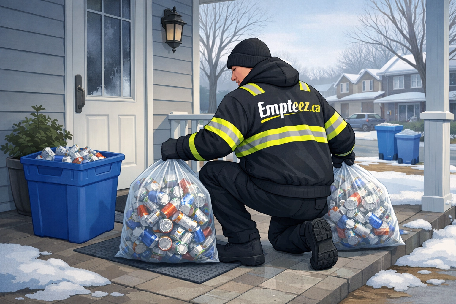 Tim “Can Man” Kemsley picking up Empteez.ca bags of aluminum cans from a customer doorstep