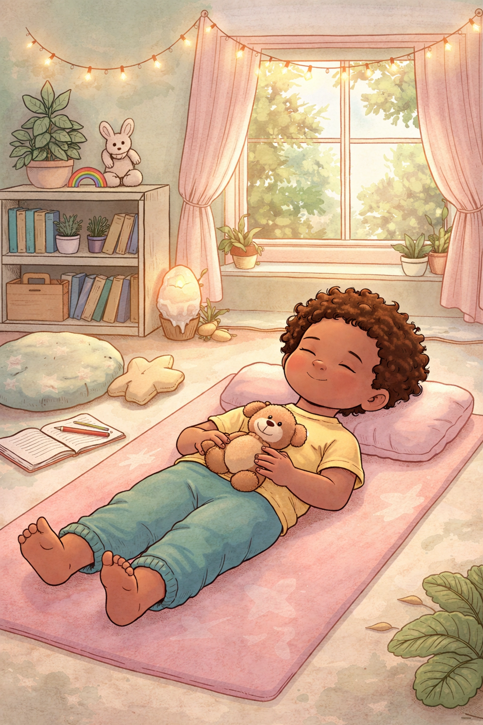 A biracial child practices belly breathing on a yoga mat, demonstrating pelvic floor exercises for bladder control.