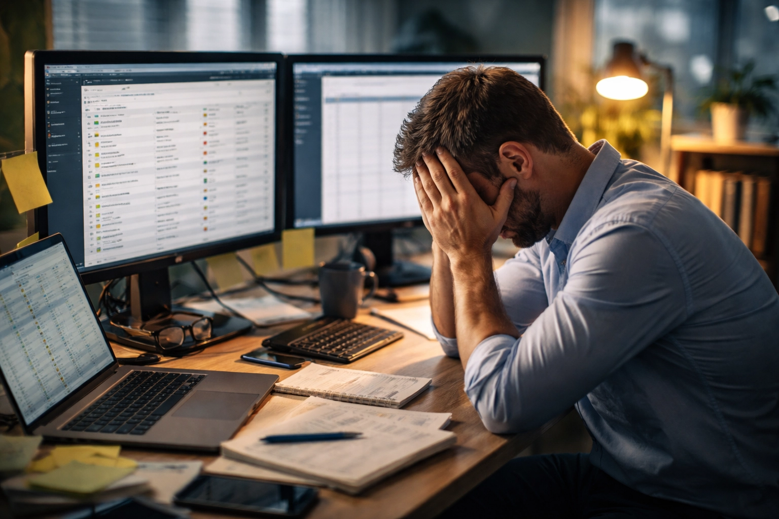 Overwhelmed MSP business owner at cluttered desk surrounded by support tickets, stressing MSP profitability challenges.