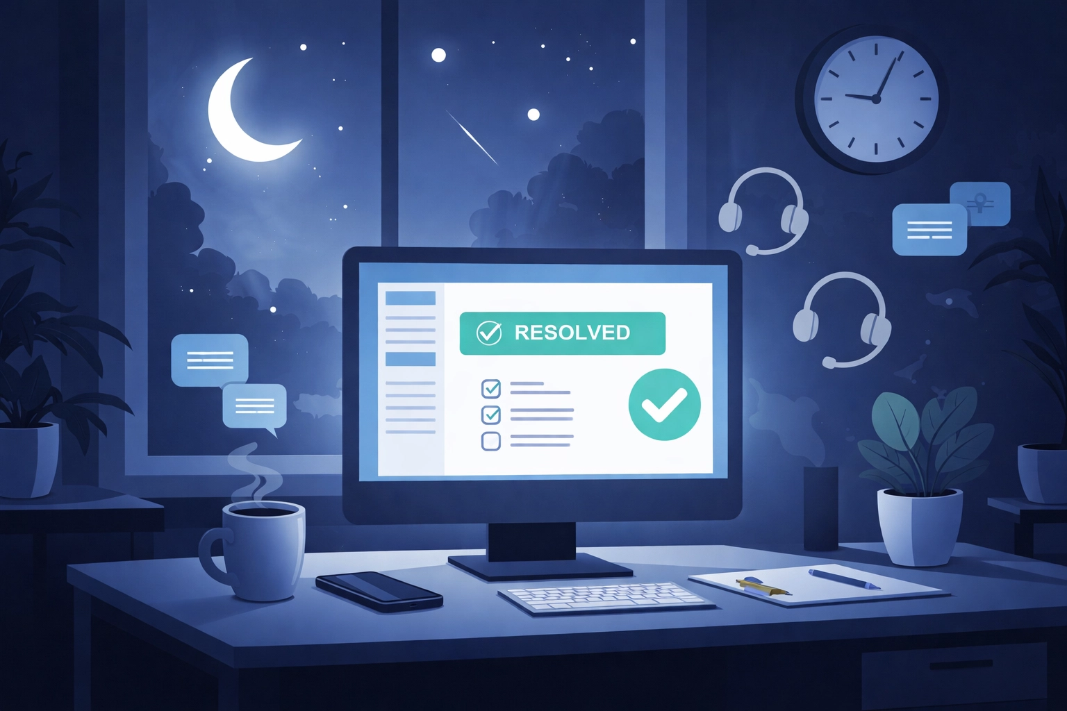 Nighttime office with glowing computer showing 24/7 IT helpdesk resolution for managed services.
