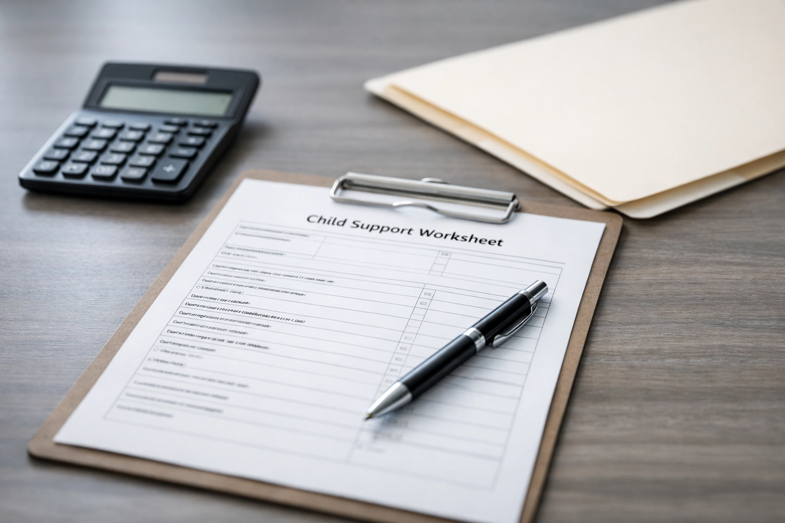 child support modification Orange and Spotsylvania County VA paperwork and calculator on a desk