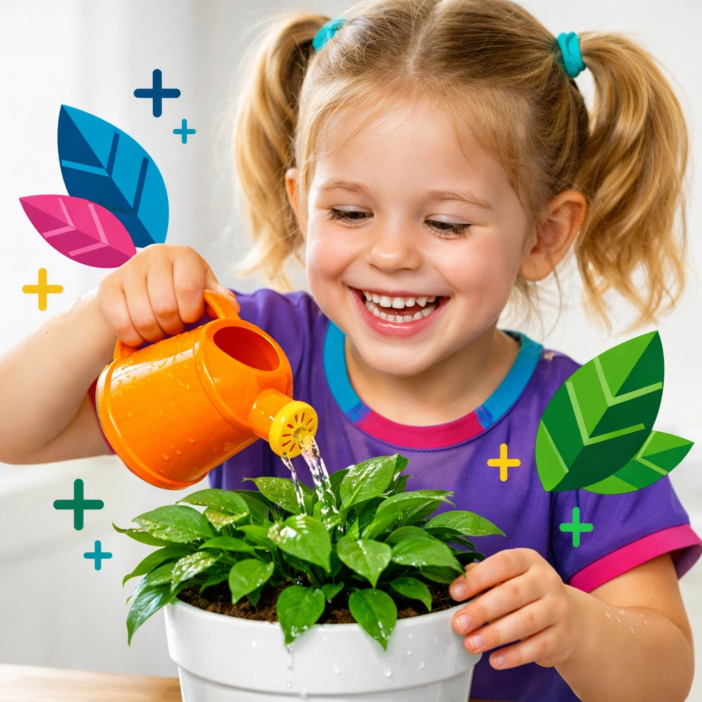 A young girl successfully watering a plant to build confidence through manageable household chores.