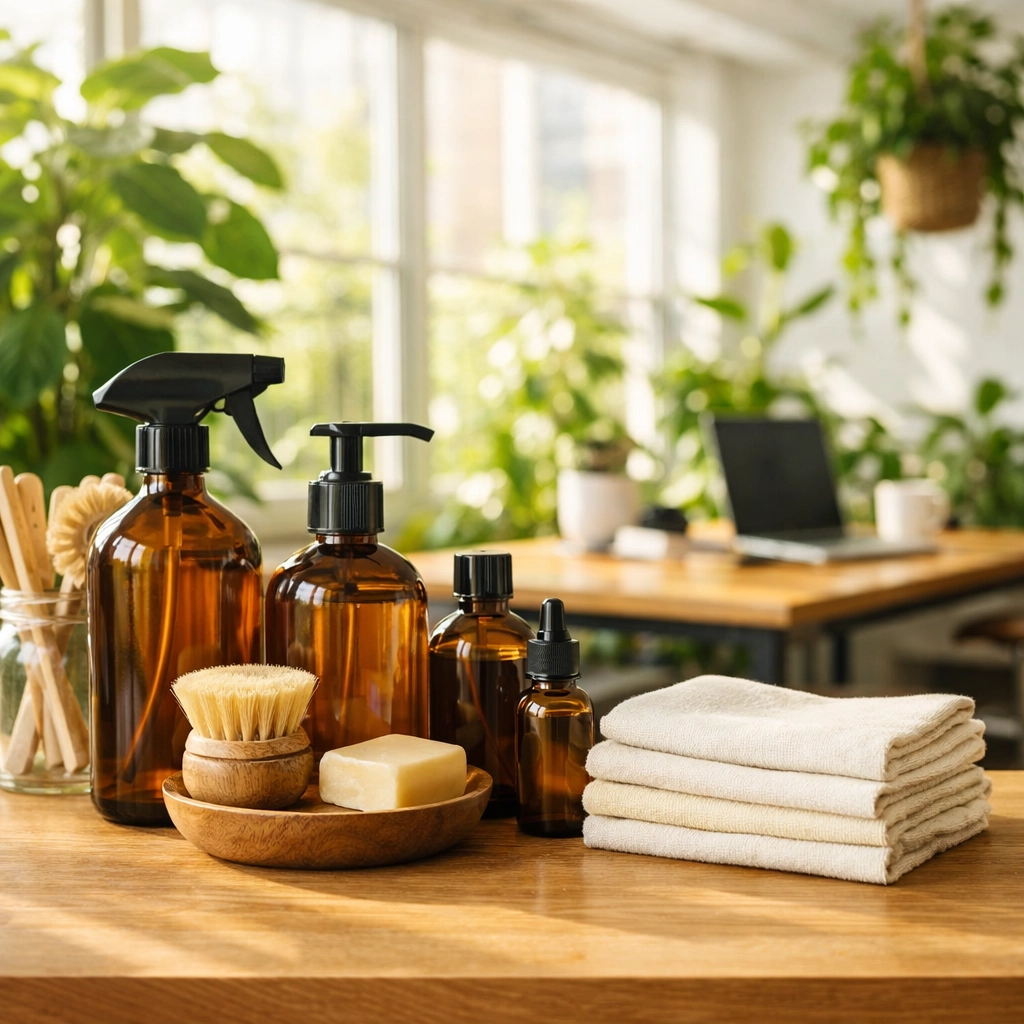 Eco-friendly, non-toxic cleaning supplies used by commercial cleaning companies for healthy workplaces.