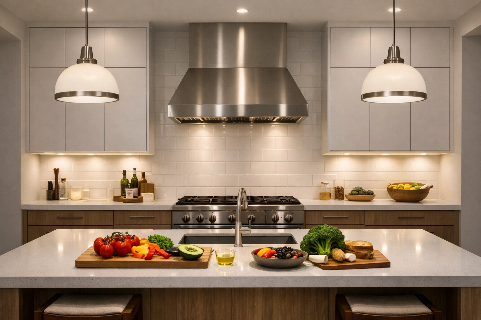 Luxury kitchen illuminated by high-CRI under cabinet lighting to showcase vibrant colors and design.