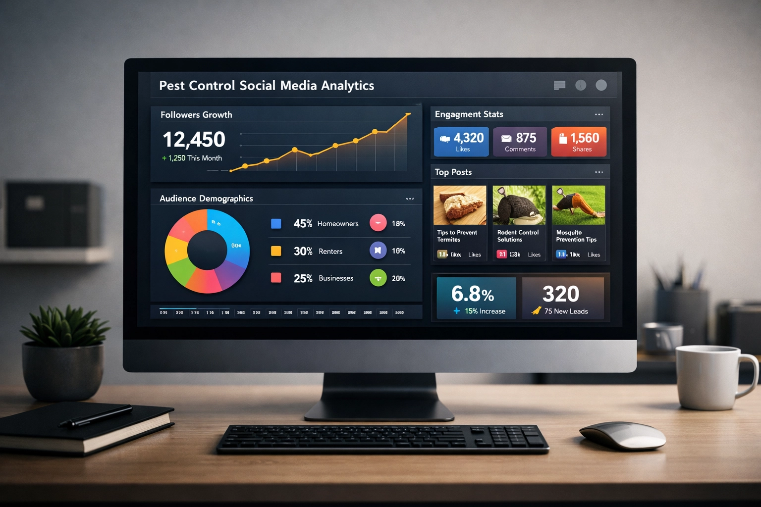 Social media analytics dashboard tracking pest control marketing performance and engagement metrics