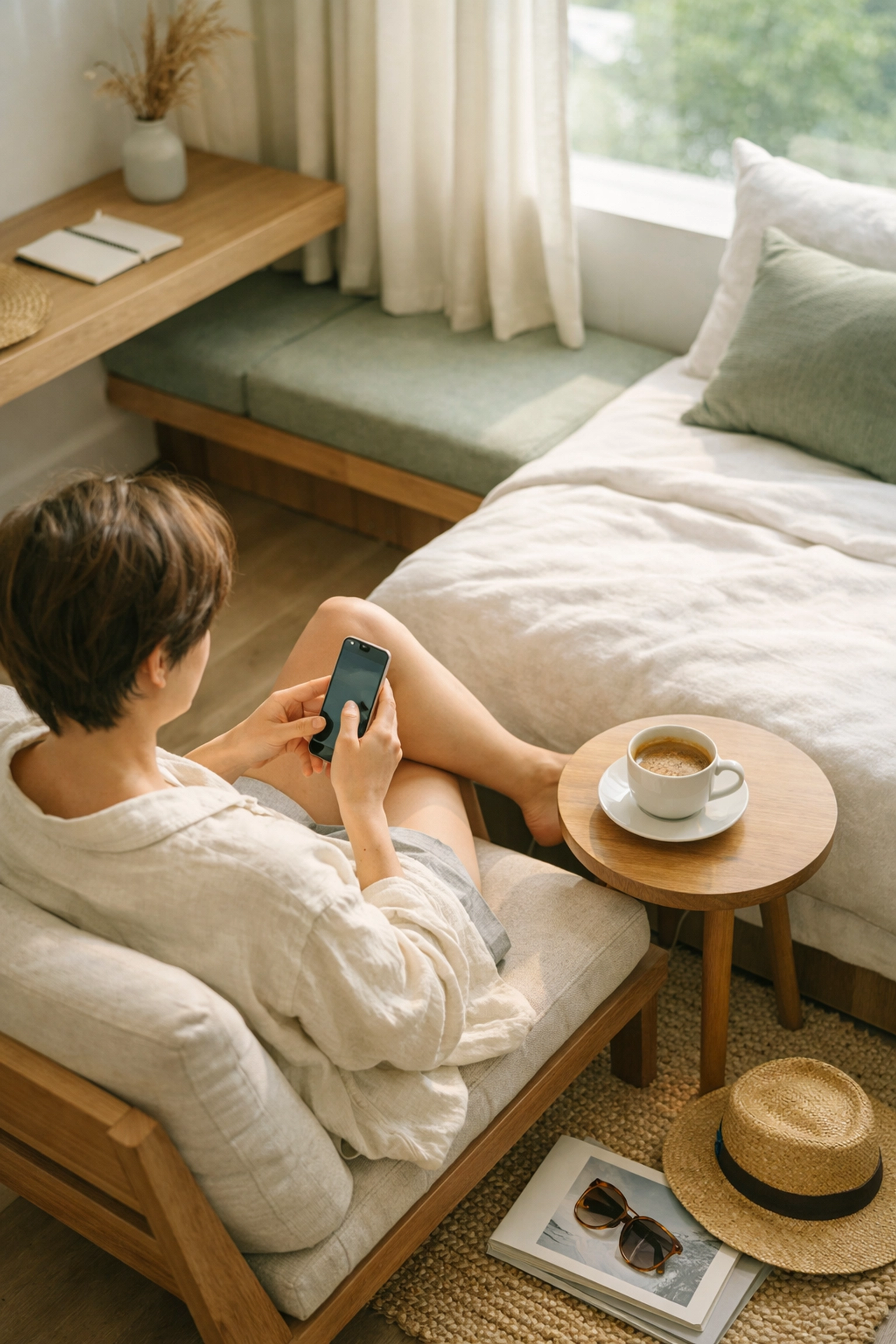 Hotel guest using a mobile booking engine to personalize their stay in a luxury suite.