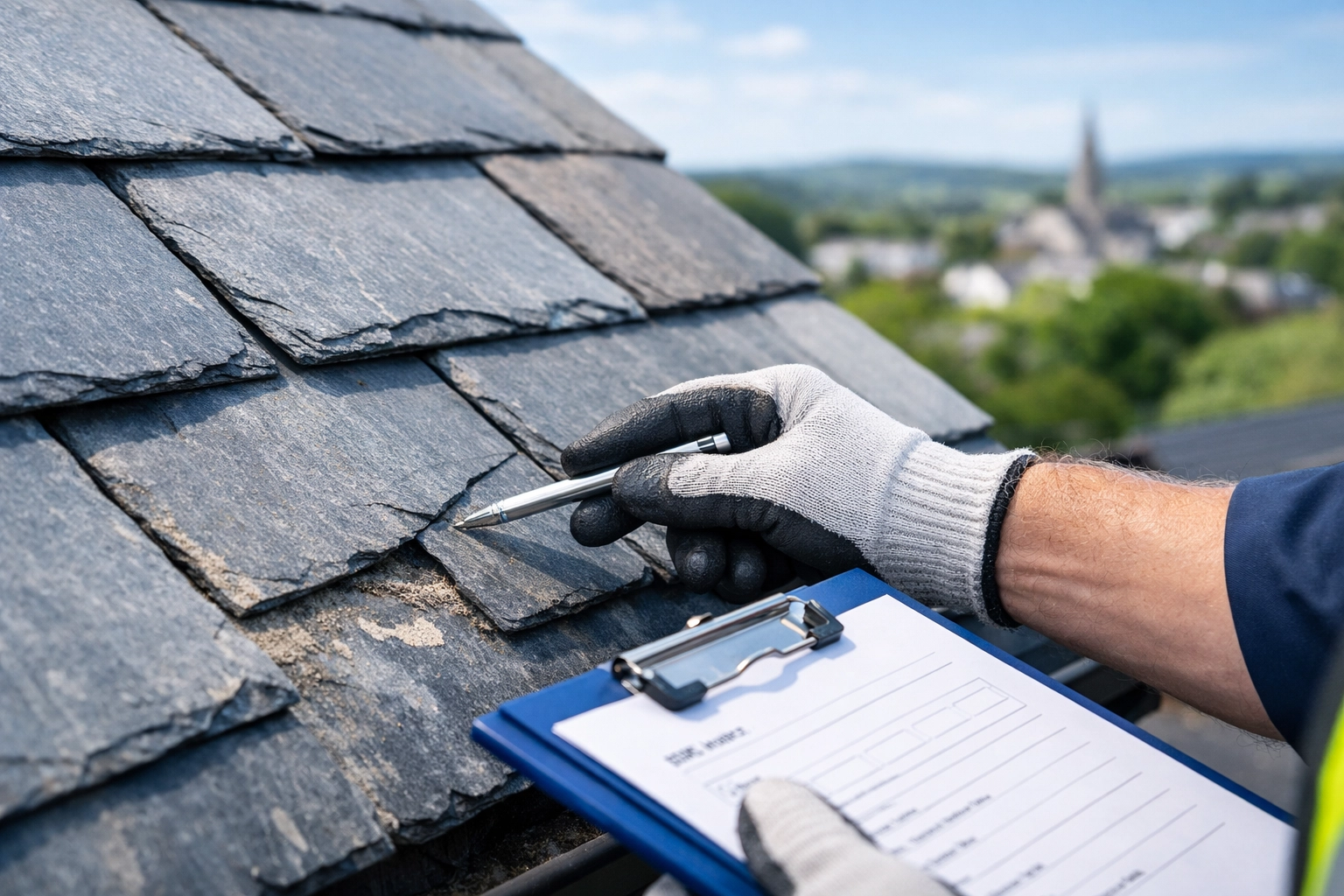 Professional roof surveyor inspecting slate tiles during Omagh roof survey