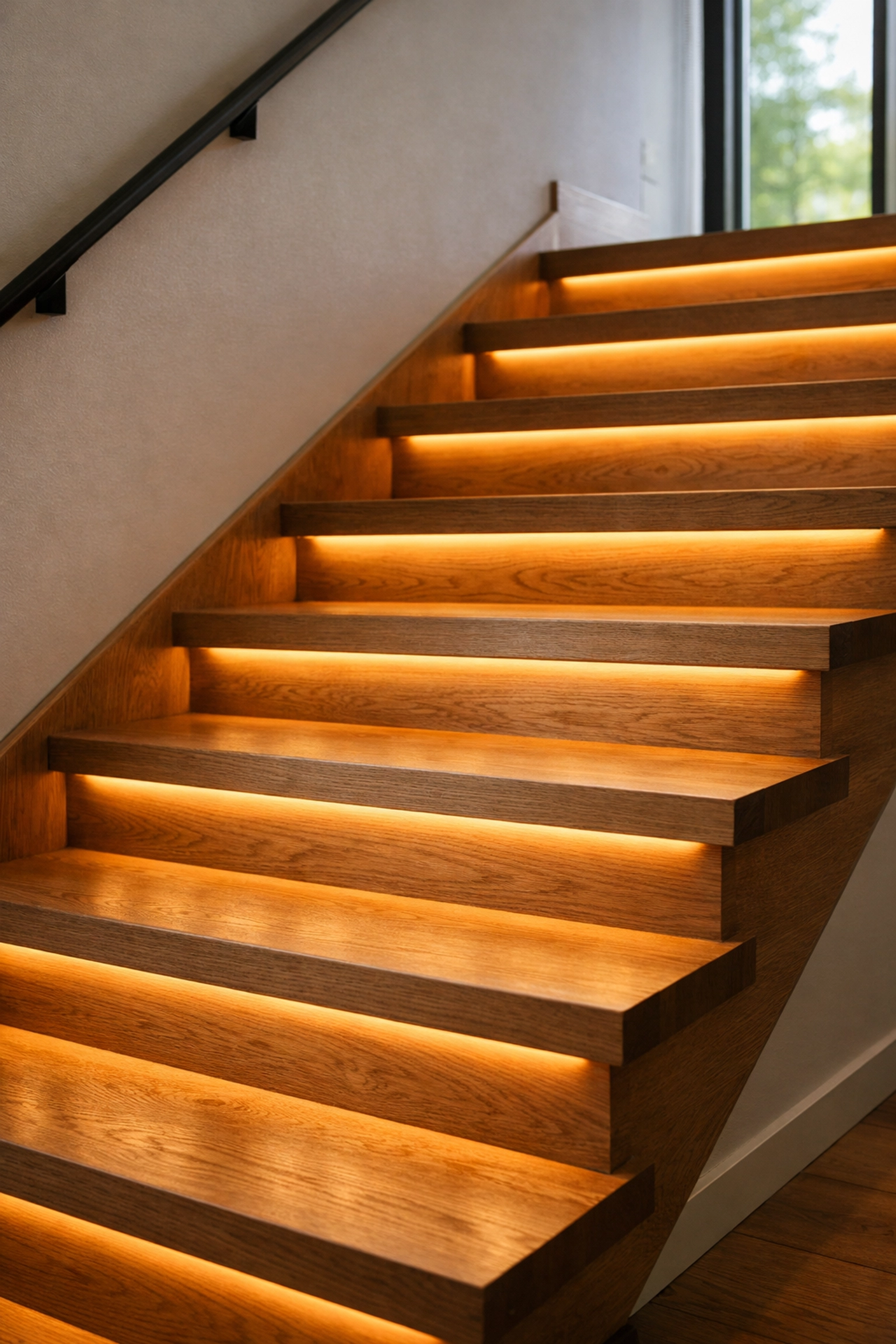 LED strip lights installed under stair treads to improve visibility and prevent falls at home.