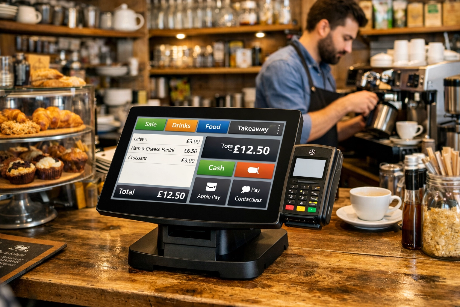 EPOS Now terminal at busy UK café counter with barista serving customers