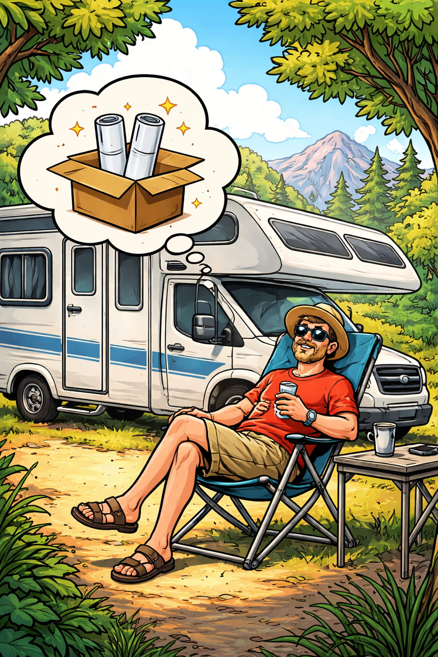 Relaxed RV traveler at a campsite receiving a subscription delivery of new water filter cartridges