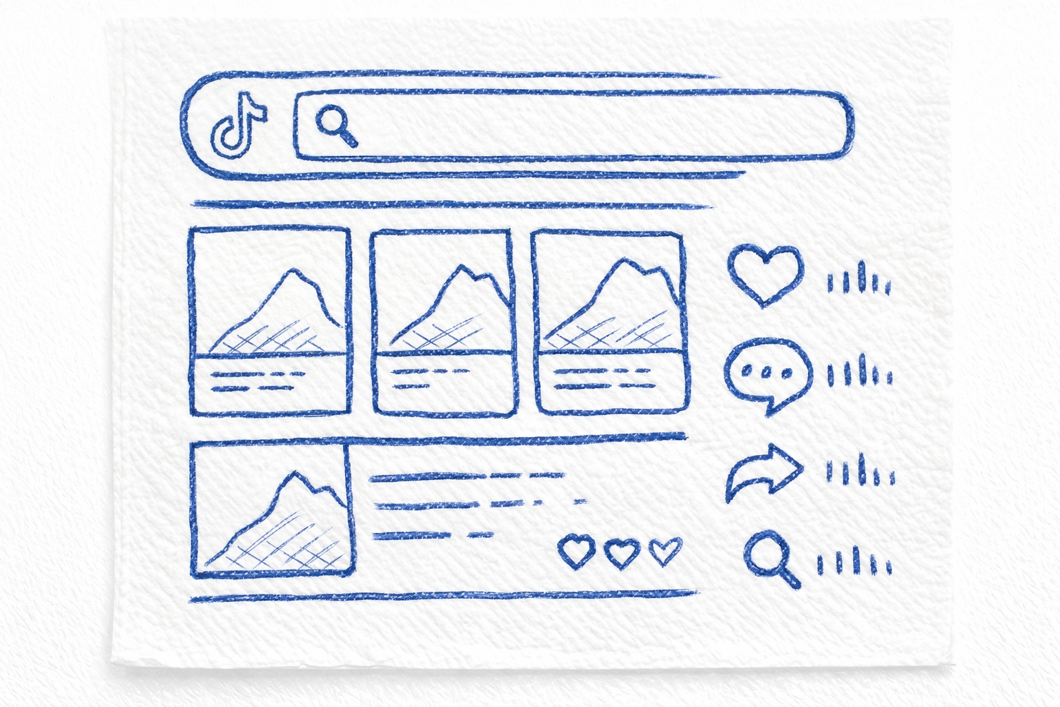 Hand drawn napkin sketch of TikTok search results with rough viral post icons and marker style engagement symbols on a white background