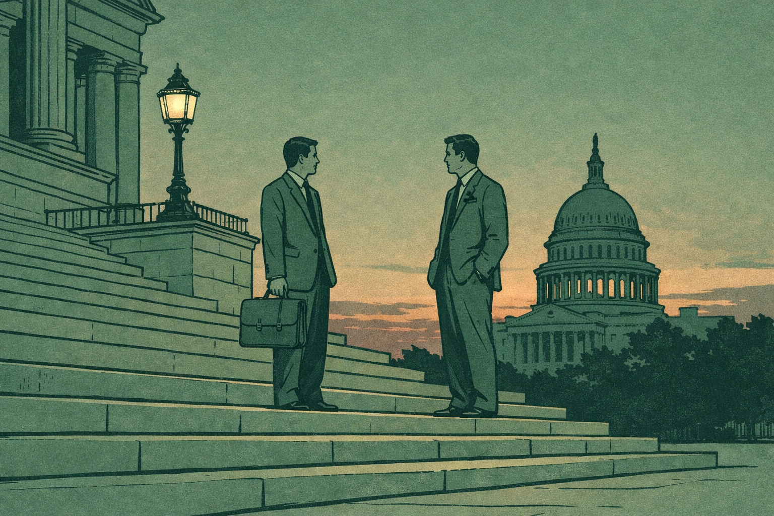 Two men on Capitol steps at sunset - LGBTQ+ political romance in Washington DC