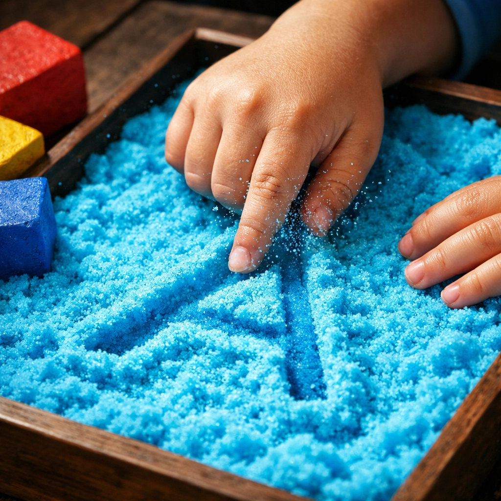 A child using multisensory tactile sand to practice letter formation and improve literacy skills.