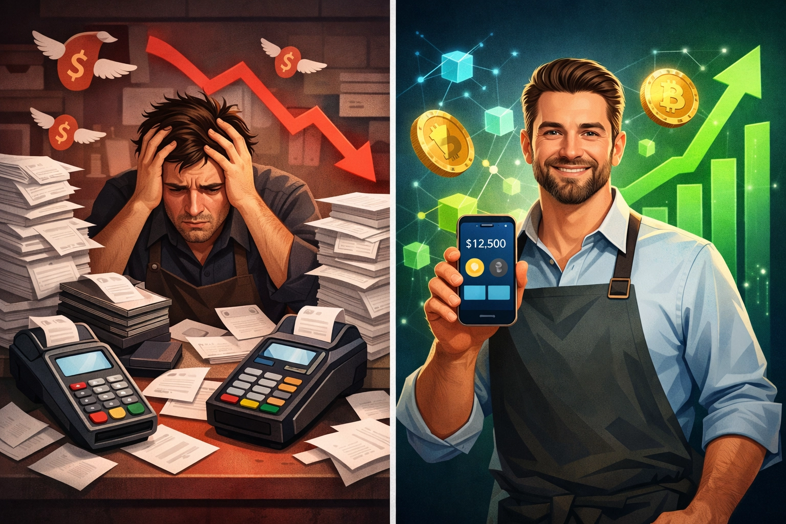 Split comparison showing stressed merchant with traditional payments versus confident merchant using crypto wallet