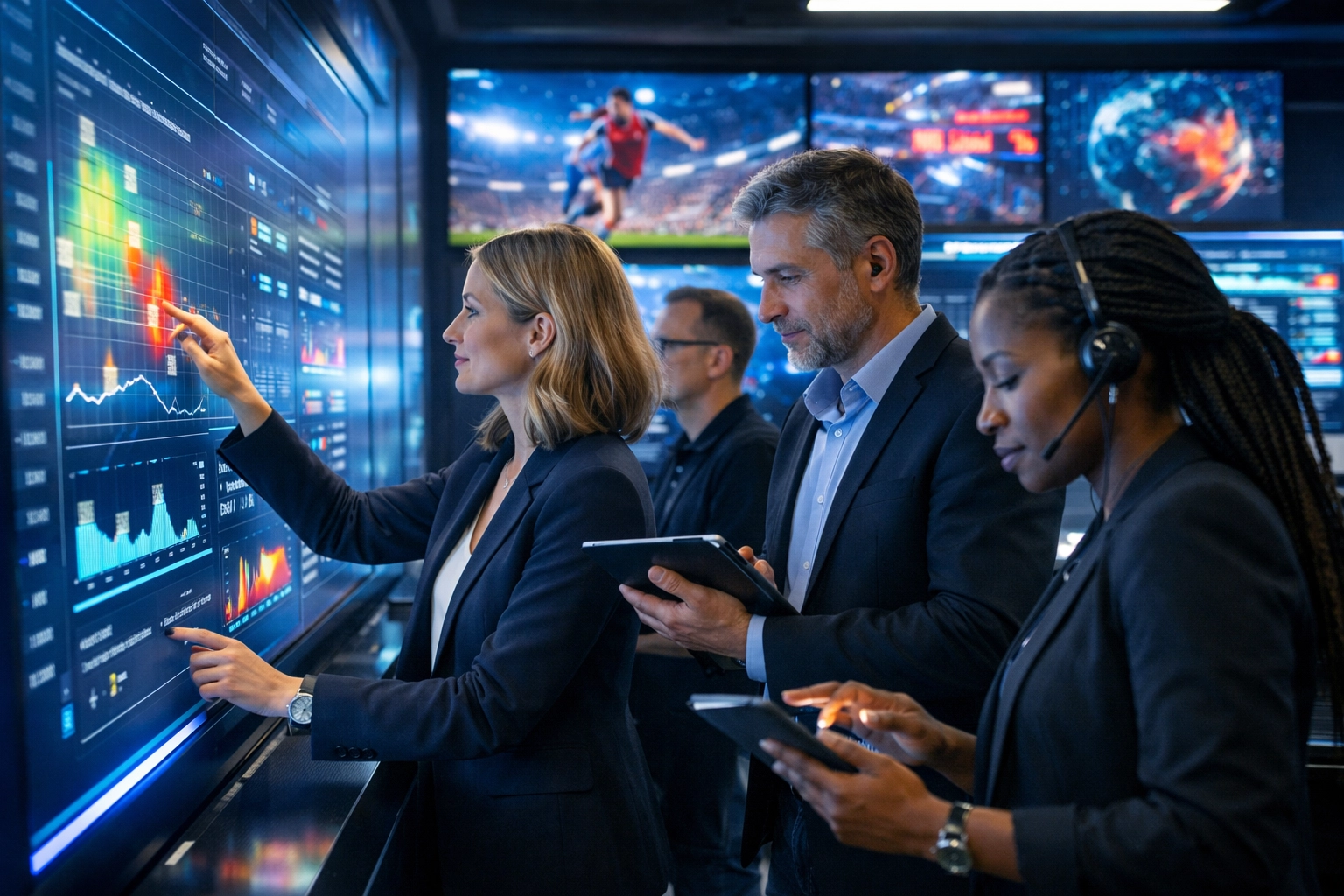 Professionals monitoring event data and brand engagement in a high-tech digital command center during a major game.