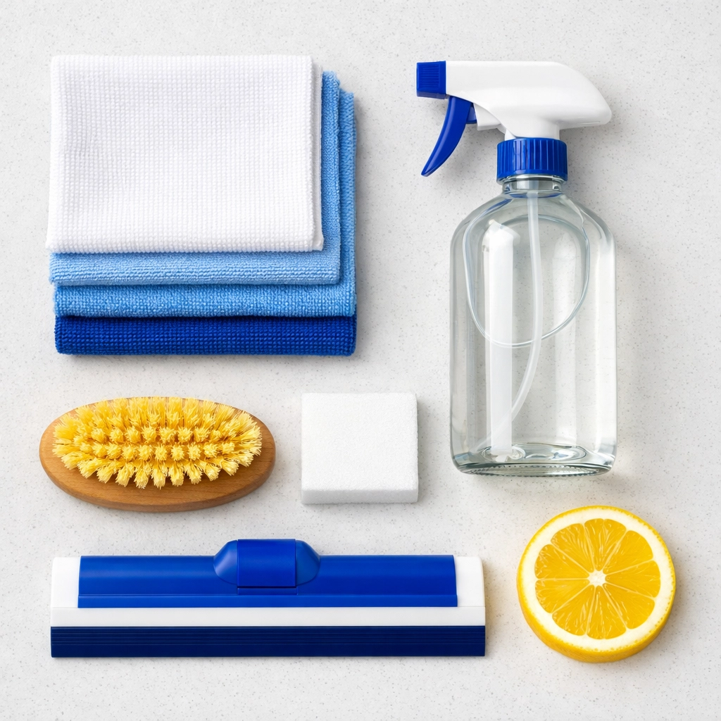 A professional cleaning kit featuring microfiber cloths, a scrub brush, and natural cleaning supplies.