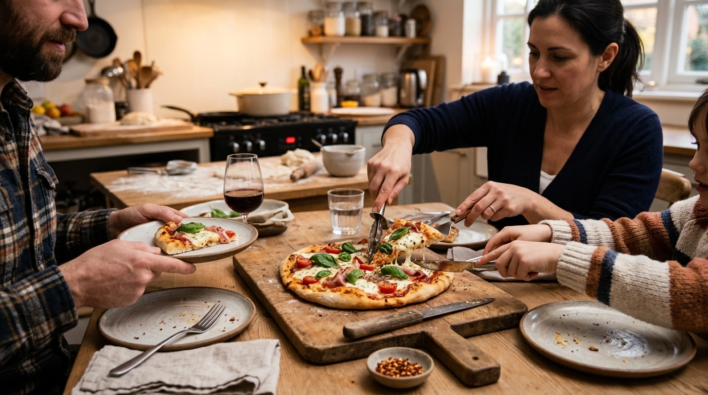 A homemade gluten-free pizza dinner scene in a warm family kitchen with slices being served