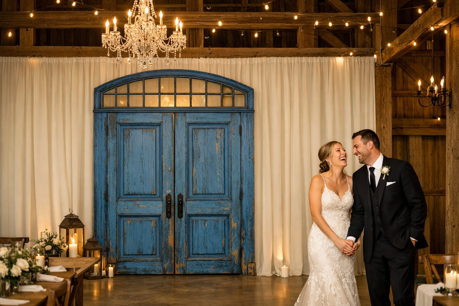 Refined barn wedding venue in Indiana featuring a vintage blue door backdrop as a focal point.