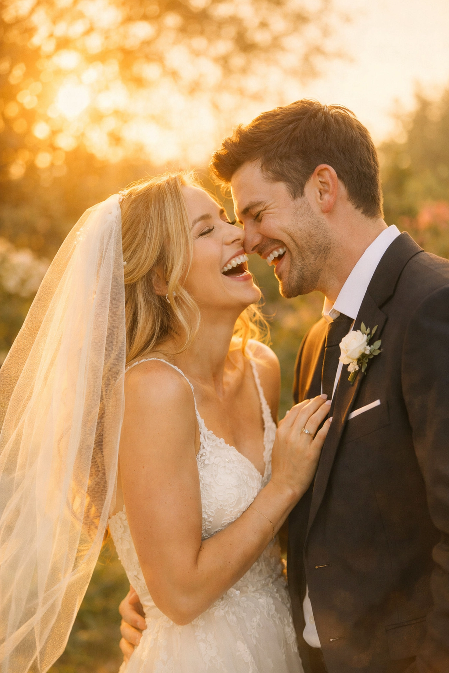 Joyful bride and groom celebrating their debt-free wedding in a sun-drenched garden.