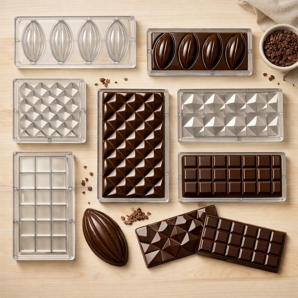 Professional chocolate bar molds in various shapes with finished artisan chocolate bars