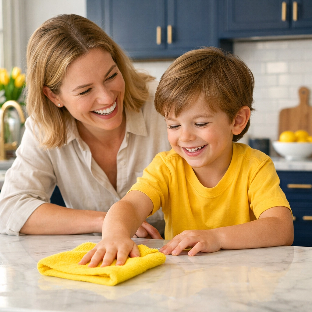 A parent and child bonding while cleaning a kitchen counter with a microfiber cloth.