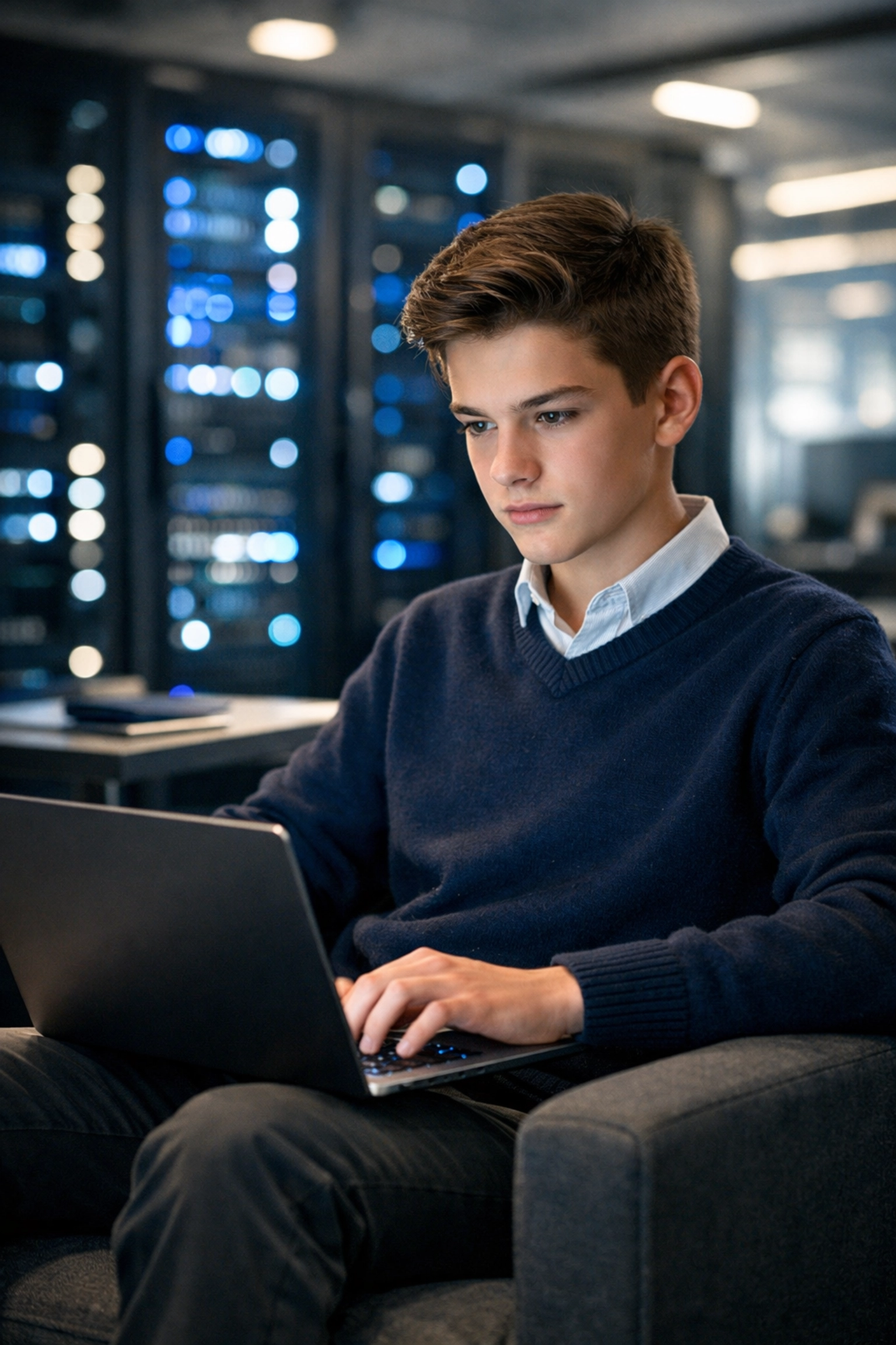 Student learning cloud and AI infrastructure skills in a professional corporate tech environment.