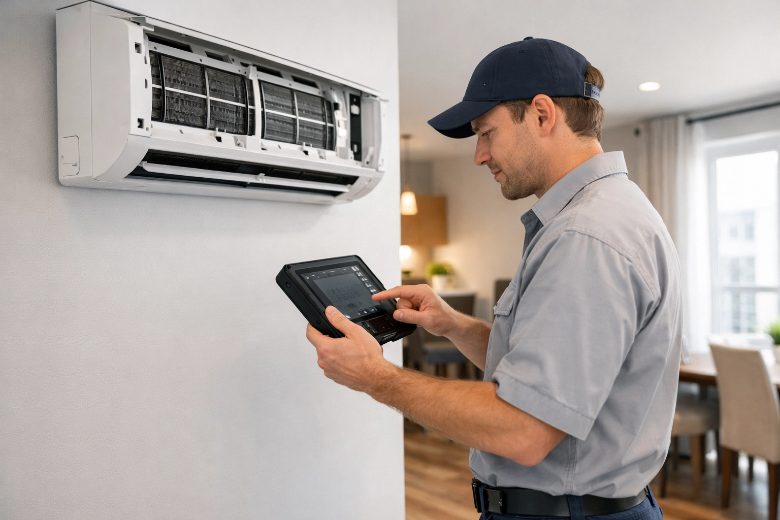 Maintenance technician performing preventive HVAC inspection in apartment unit