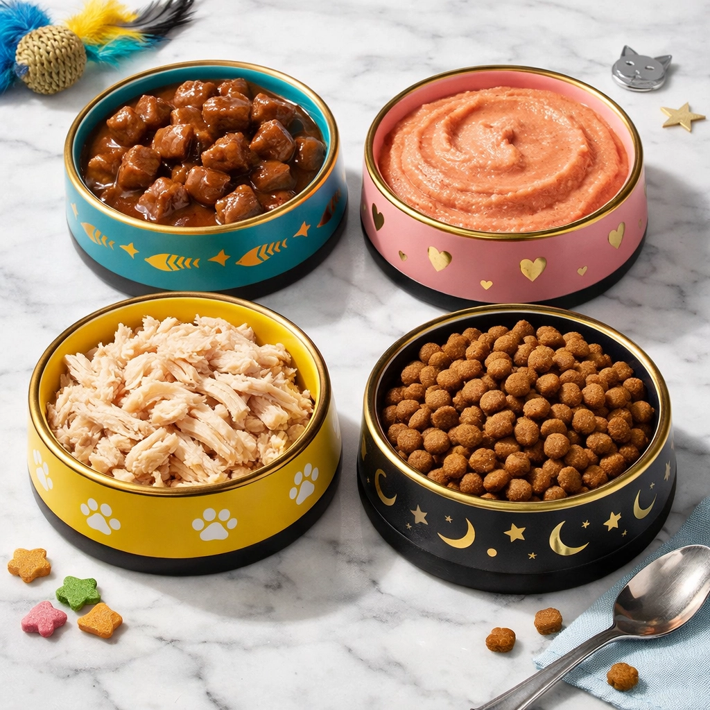 Four cat bowls showing different food textures like gravy, pâté, and kibble for rotational feeding.