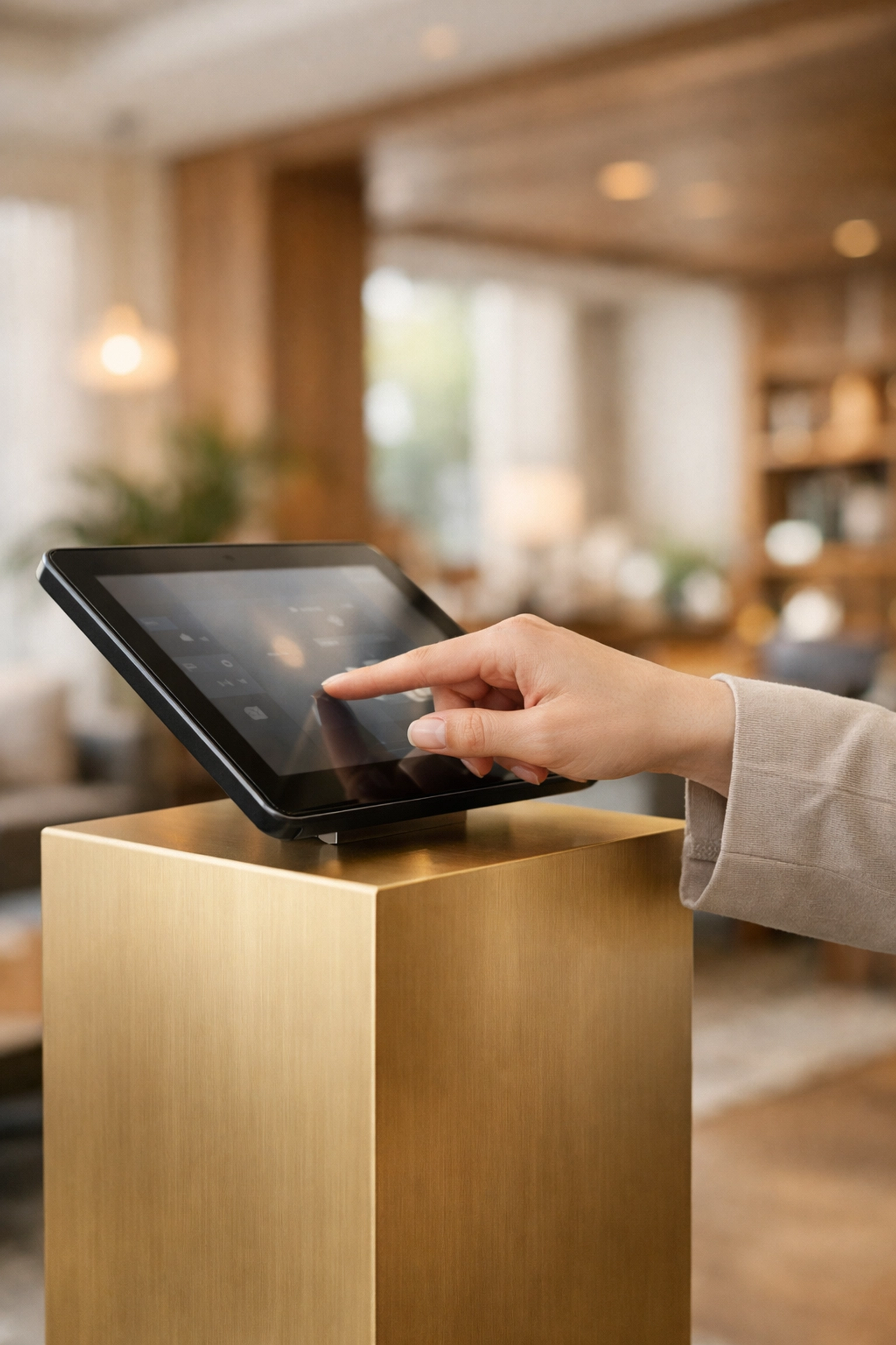 Guest using a self-check-in kiosk tablet in a modern hotel lobby to improve experience.