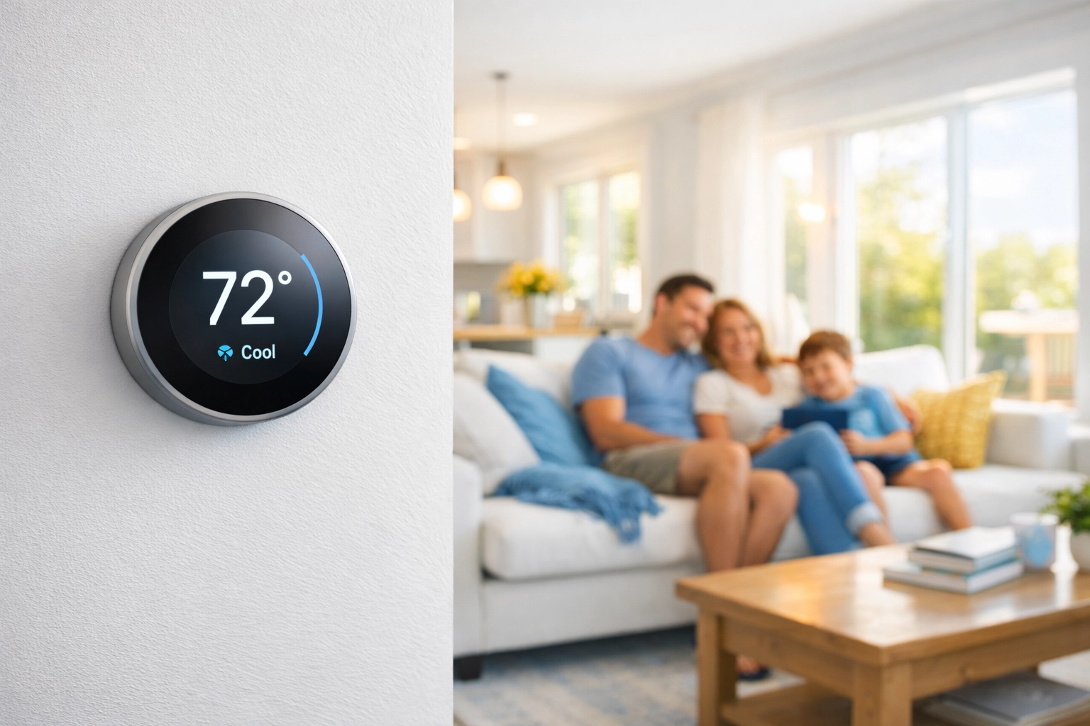 Happy family enjoying a cool living room following a professional AC tune up in Western New York.