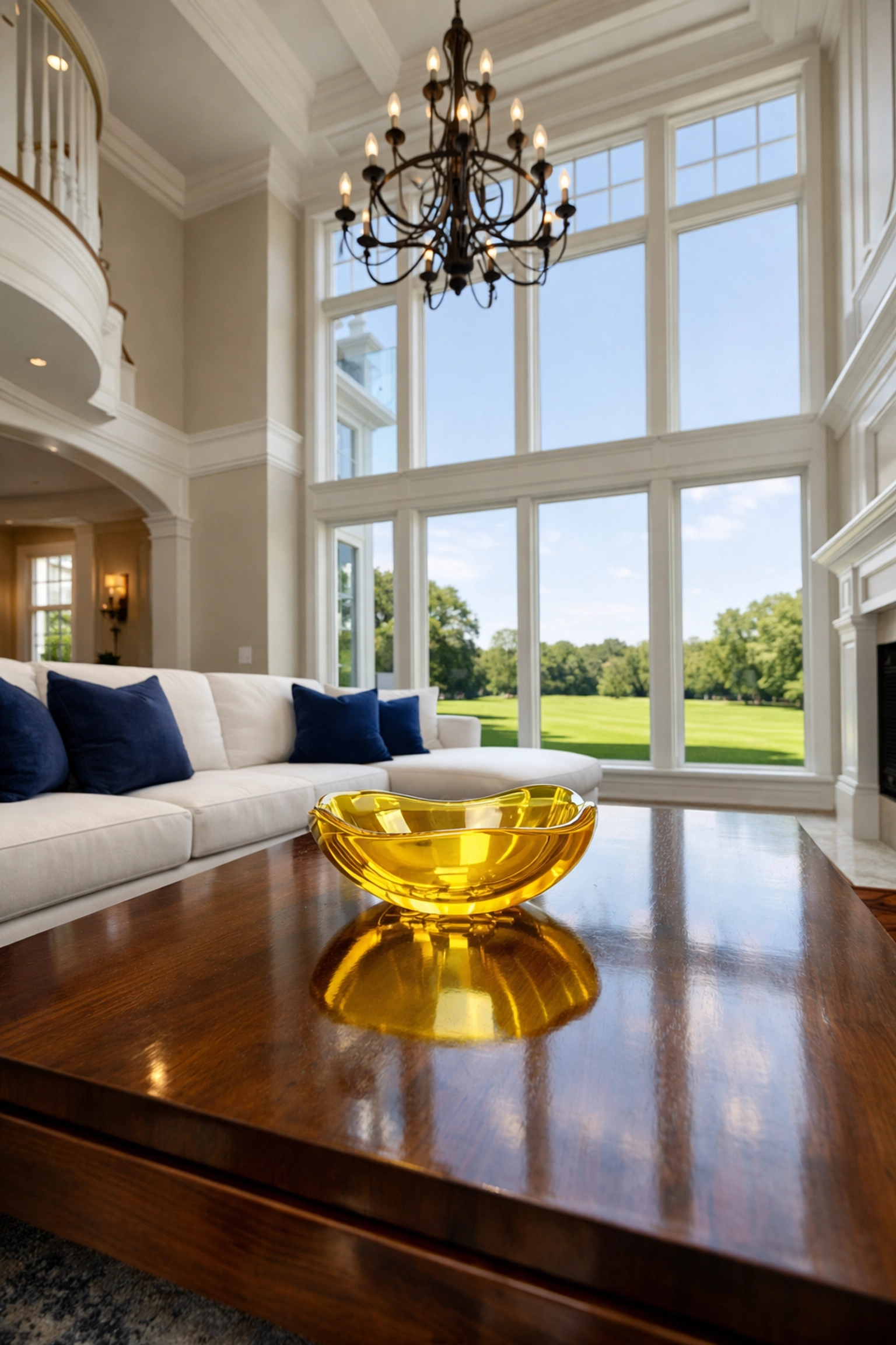 Sun-lit living room in a luxury estate, perfectly maintained through professional residential cleaning Massachusetts.