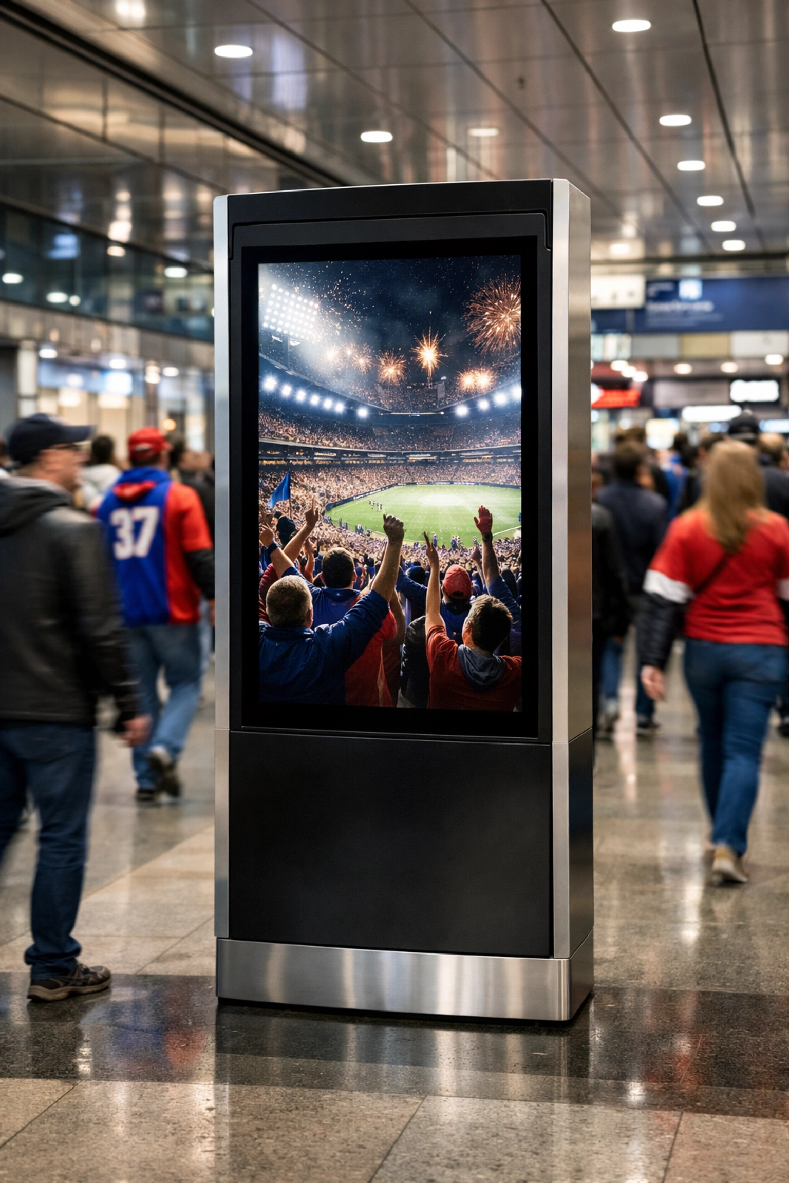 Digital OOH kiosk in a busy transit hub reaching sports fans during their daily fan journey.