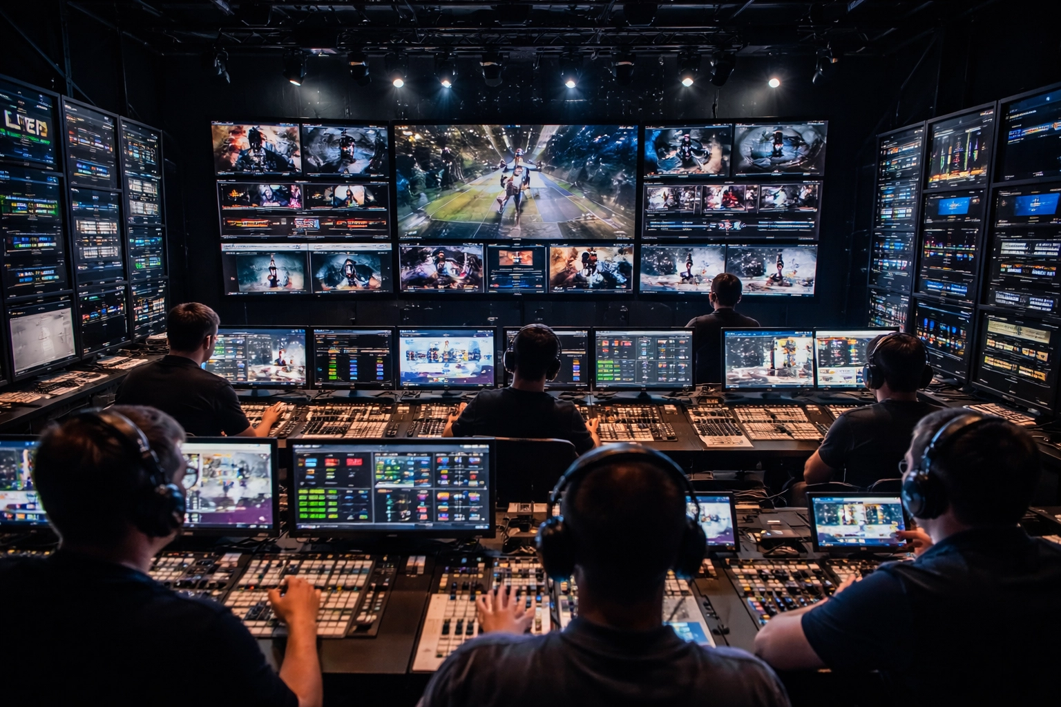 Esports production team manages a live event in a control room, showcasing strategic project management and event execution.