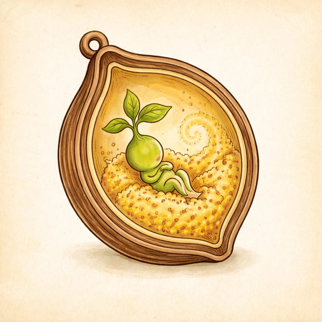 Illustration of a seed cross-section showing a baby plant inside with stored food and a protective coat.