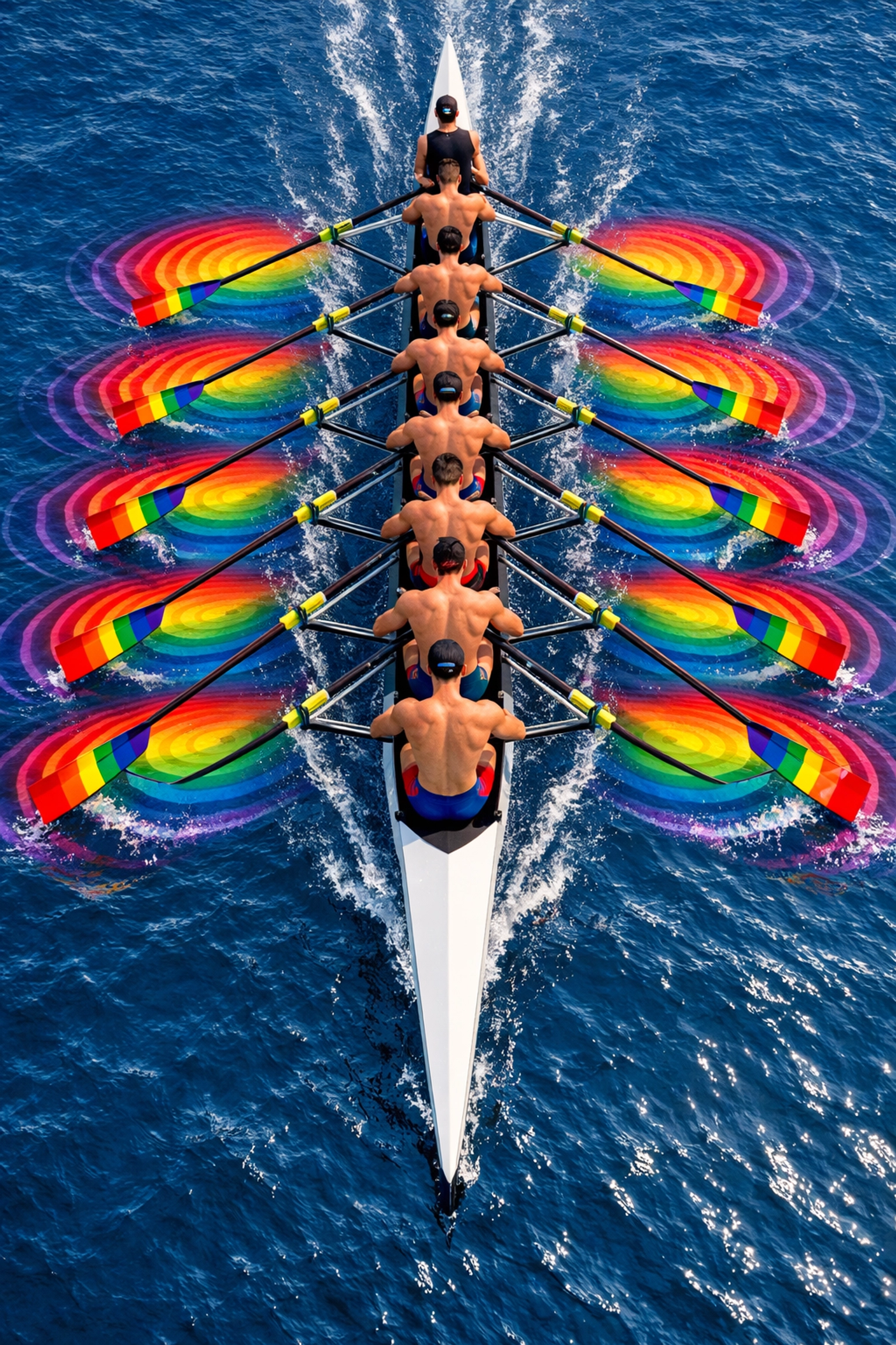 LGBTQ+ rowing crew of eight moving together in perfect unison with rainbow ripples