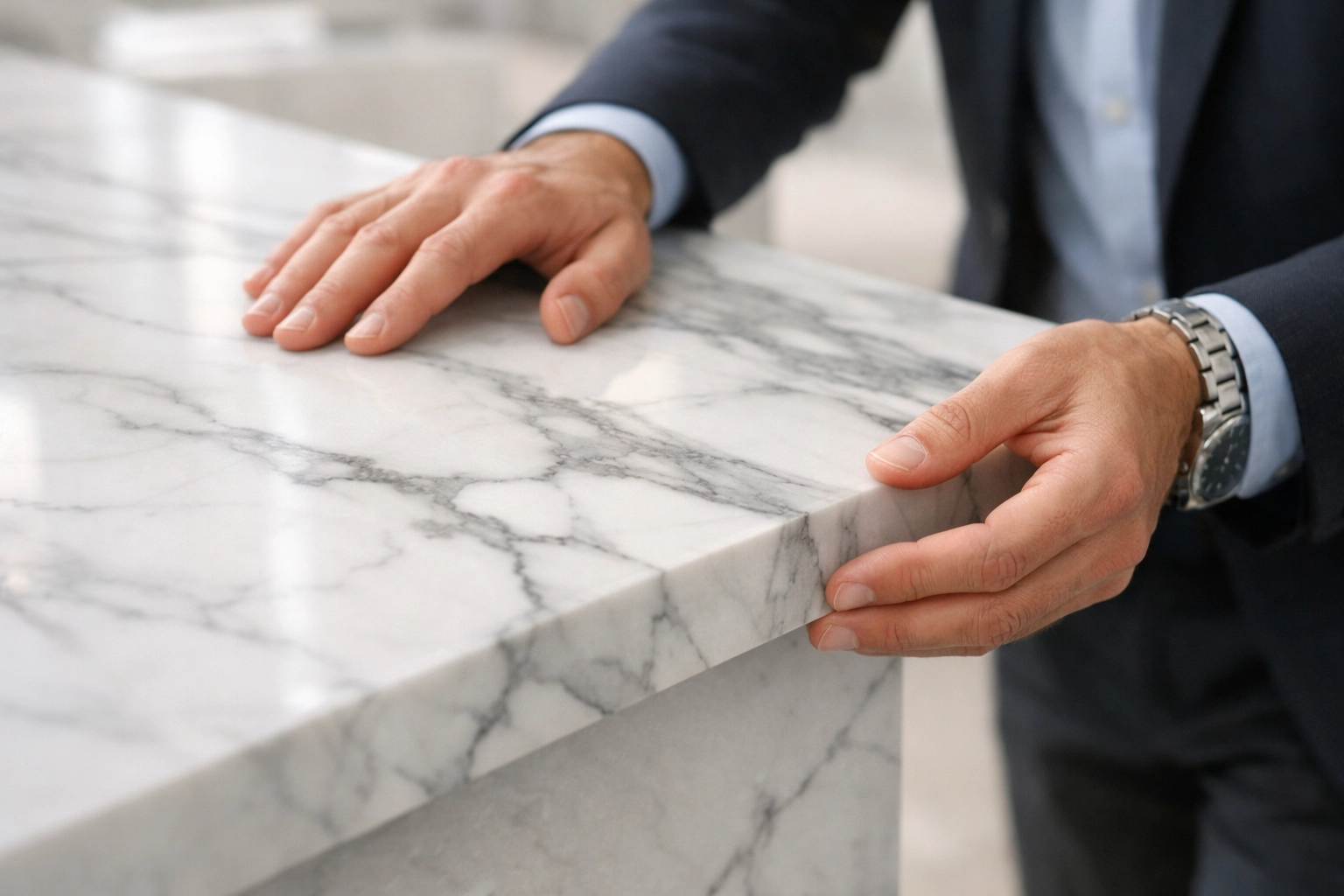 Professional remodeling expert inspecting a high-quality marble slab for an Orlando kitchen renovation.