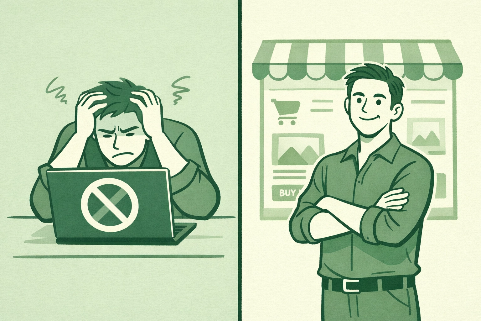 Contrast showing frustrated author facing censorship versus confident author with ReadWithPride storefront