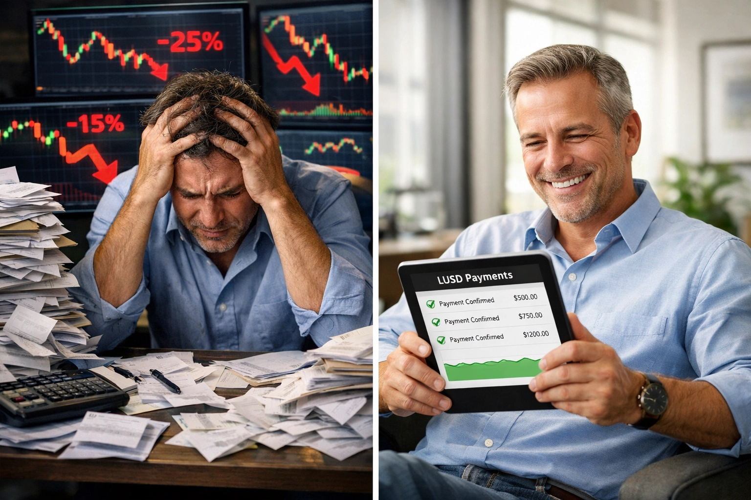 Merchant comparing volatile crypto payments to stable LUSD receivables on digital tablet