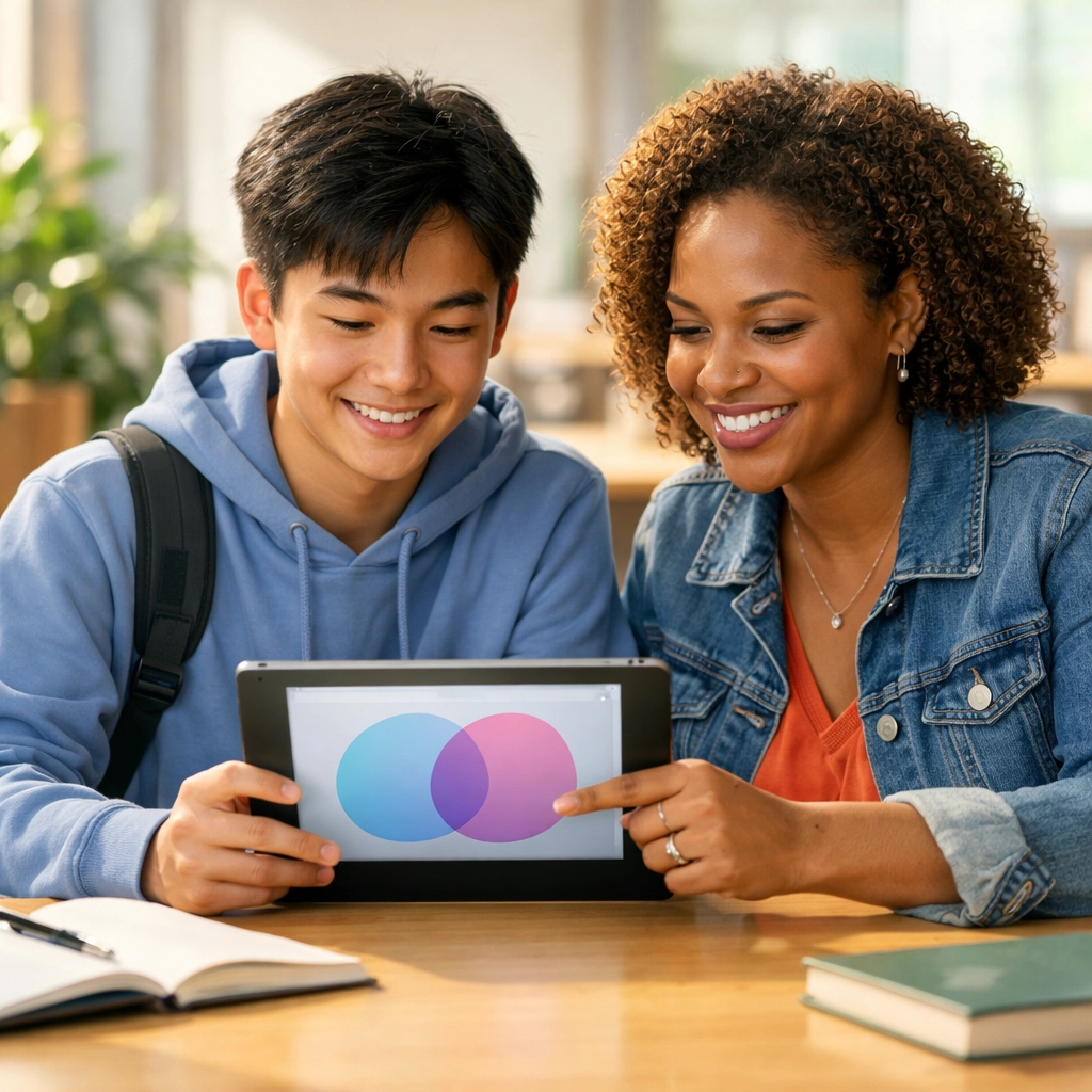 Student and mentor analyzing overlapping regions in a system of linear inequalities on a digital tablet.