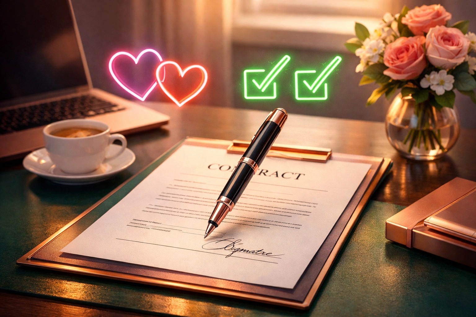 Professional signing workplace love contract document with hearts symbolizing office relationship agreement