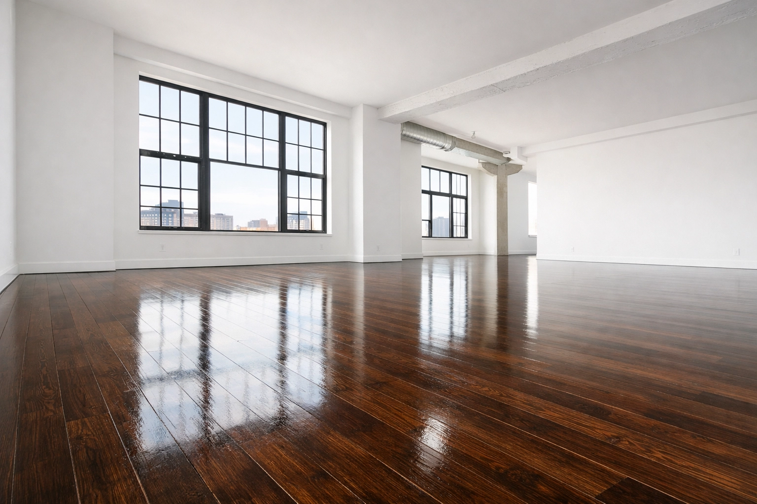 Empty Detroit luxury loft with professionally cleaned hardwood floors and bright white walls after a fast turnover.