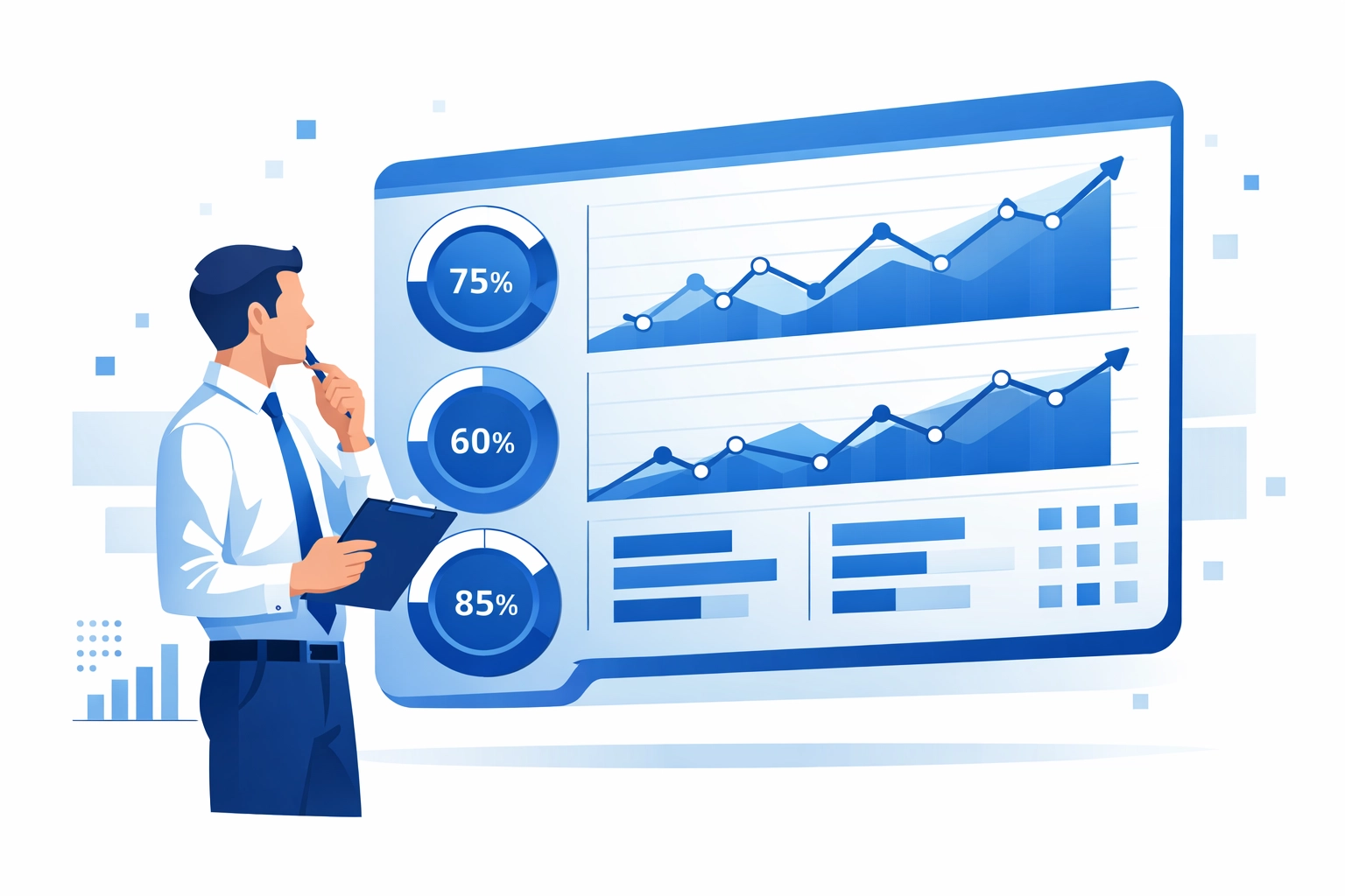 Character reviewing a digital dashboard showing website performance metrics and speed analysis.