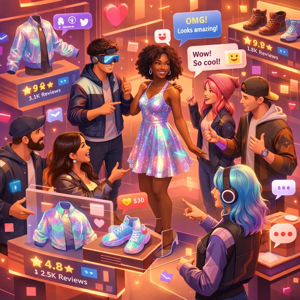 Social shopping in VR metaverse with avatars trying on products together in virtual boutique store