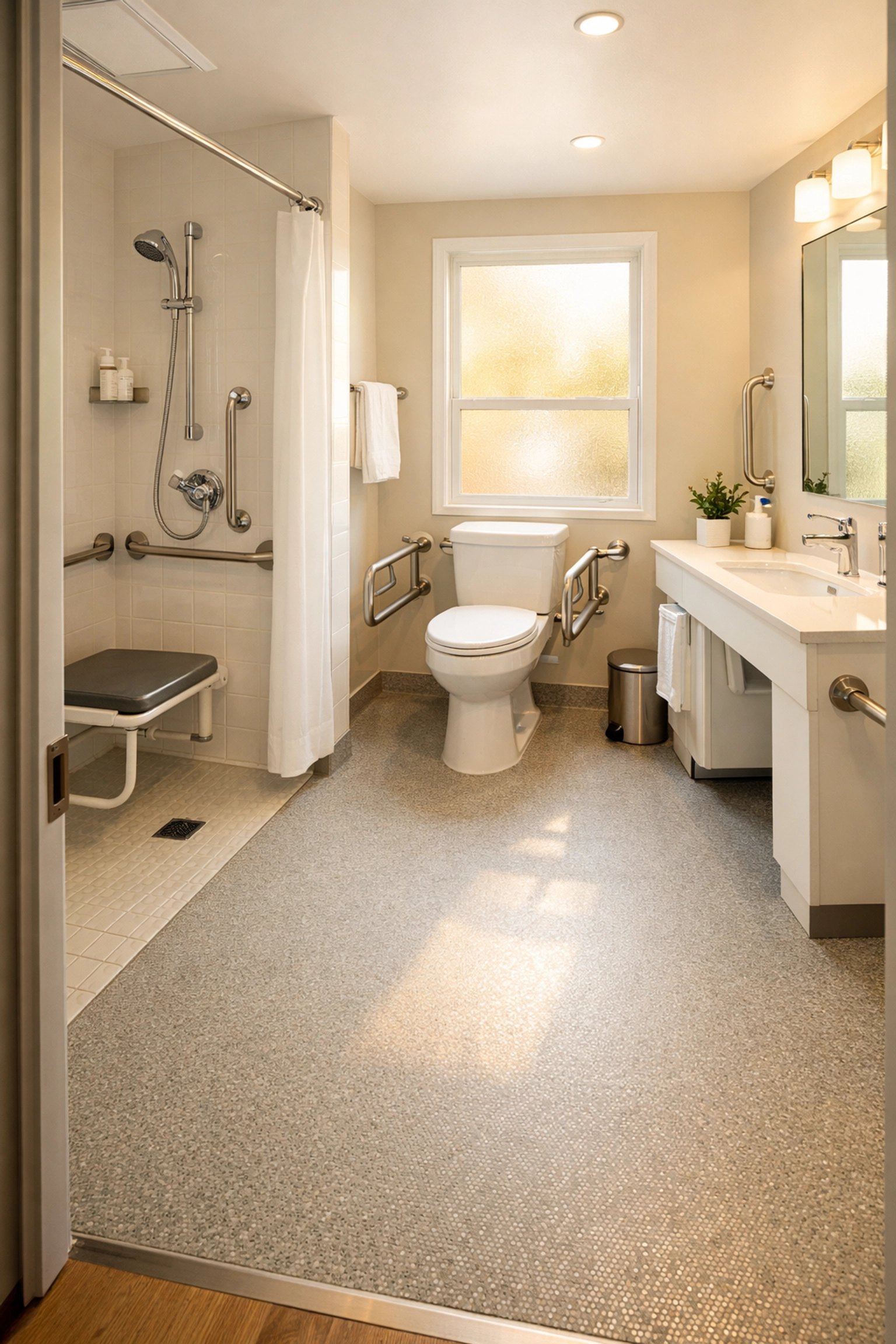Well-lit accessible bathroom with non-slip flooring and clear pathways for fall prevention