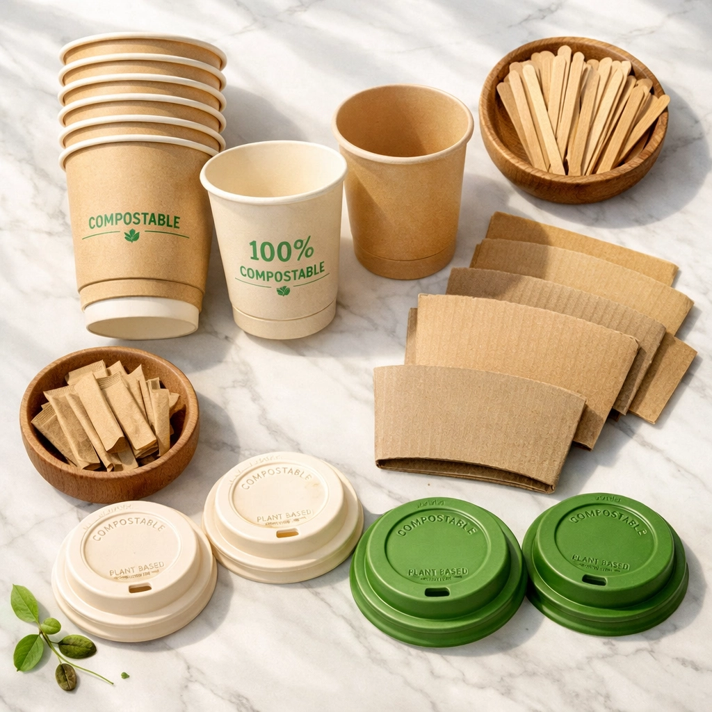 Eco-friendly café packaging including compostable cups, wooden stirrers, and sustainable lids