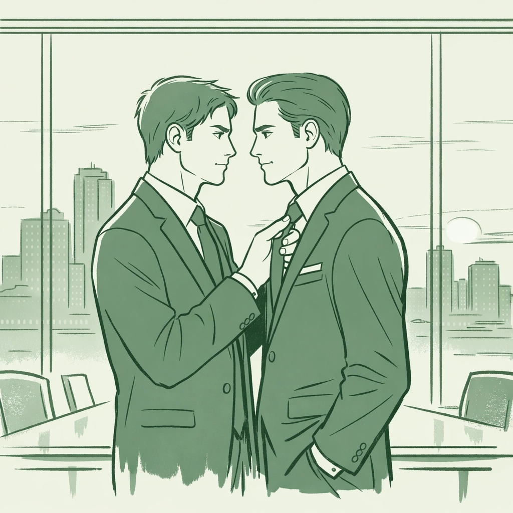 Two businessmen in intimate moment adjusting tie in glass boardroom - MM corporate romance