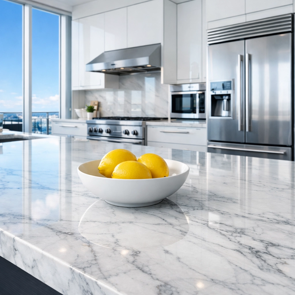 Detailed deep cleaning of a luxury kitchen island provided by a professional maid service Cambridge.