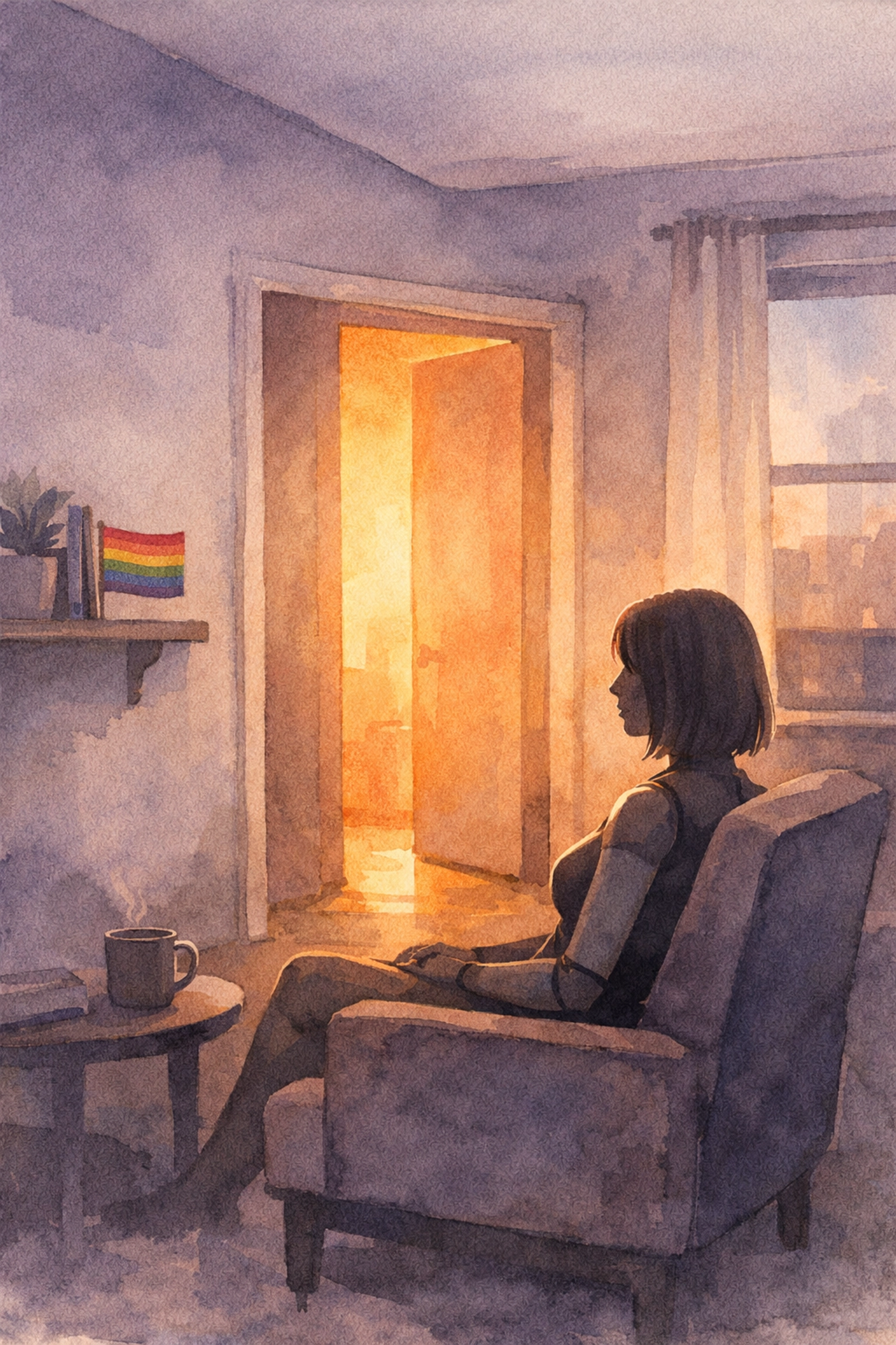 LGBTQ+ man's companion doll in apartment with pride flag breaking grief stigma