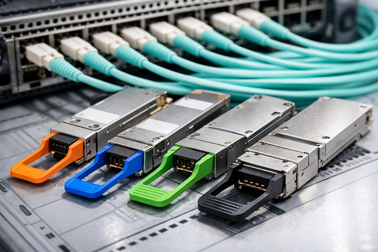 High-speed fiber optic transceivers and OSFP modules used in enterprise AI networking clusters.